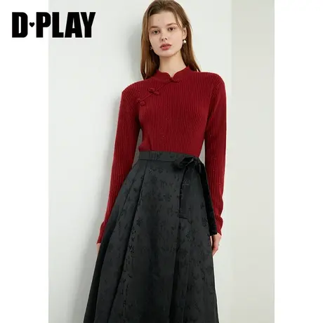 DPLAY春国风盘扣毛衣新中式亮片羊毛羊绒红色针织打底衫上衣女图片