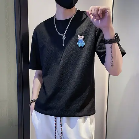 夏季男士短袖t恤宽松半袖潮流渐变小熊日系纹理休闲学生潮牌体恤商品大图