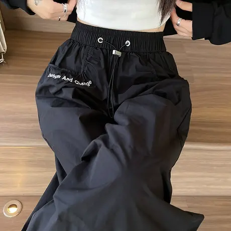 断码清仓不退不换黑色束脚工装裤女高腰显瘦休闲阔腿大码运动裤子图片