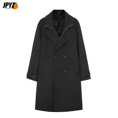 男生毛呢大衣中长款假两件V领拉链高端风衣冬季英伦潮牌呢子外套图片