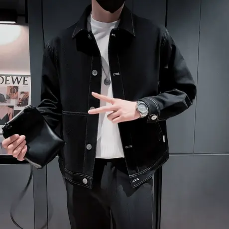 春秋季立领外套男2023新款纯色重磅痞帅潮流休闲上衣潮牌工装夹克商品大图