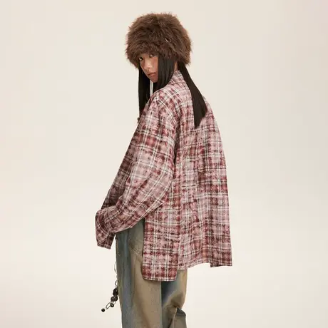 新中式设计感复古做旧红色格子衬衫女春秋2024新款格纹上衣衬衣潮商品大图