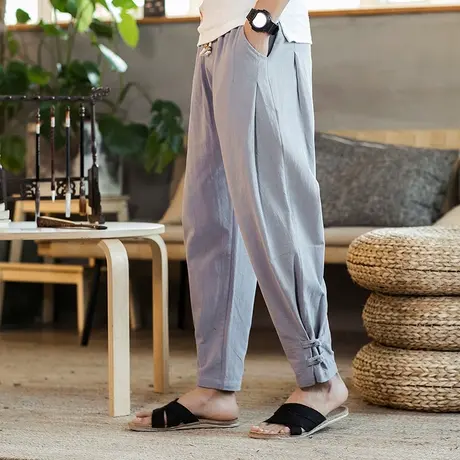 秋季薄款长裤中国风男裤子唐装盘扣收脚裤胖子宽松大码小脚哈伦裤图片