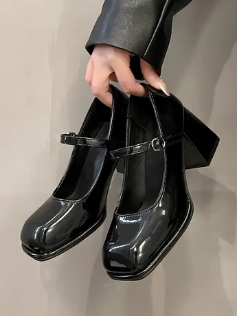 高跟玛丽珍鞋女2024年新款一字扣复古黑色小皮鞋方头漆皮时尚单鞋商品大图