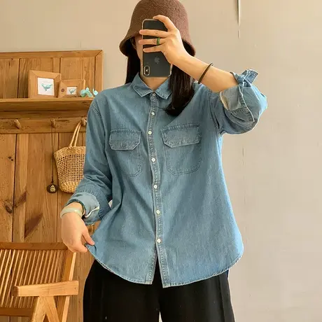 dza 复古口袋牛仔衬衣女2024春新款宽松休闲短款上衣翻领长袖衬衫图片