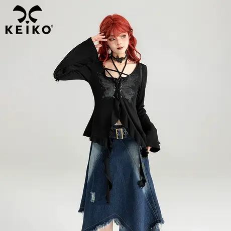 KEIKO 洋气木耳花边绑带上衣女24春夏暗黑风复古蝴蝶印花长袖T恤图片