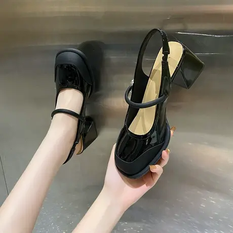 时装凉鞋女2024新款春夏后空配裙子时尚单鞋黑色粗跟高跟玛丽珍鞋商品大图