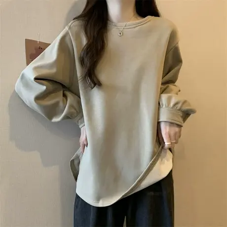 加绒加厚圆领长袖卫衣女秋冬内搭宽松中长款高级感打底衫t恤上衣商品大图