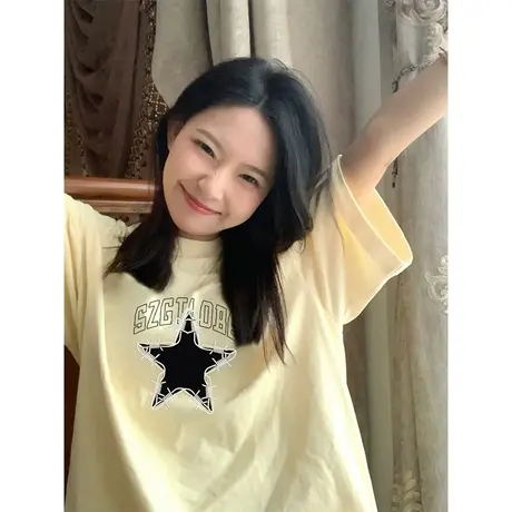 纯棉设计感星星短袖t恤女夏季新款小众宽松港风chic半袖大码上衣图片