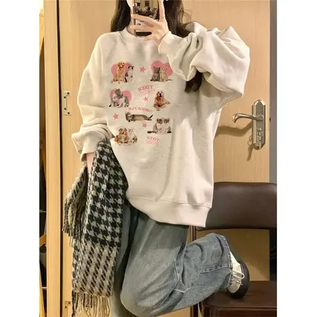 设计感圆领卫衣女春秋季薄款洋气减龄2024新款宽松慵懒风上衣外套图片