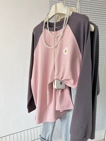 煎鸡蛋刺绣宽松大码女韩系春秋冬加厚棉打底撞色中长款插肩袖T恤商品大图