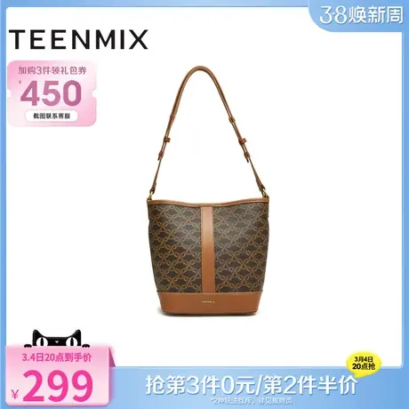 天美意复古时尚包包女水桶包休闲单肩斜挎包2024春季新款X2816AX4商品大图