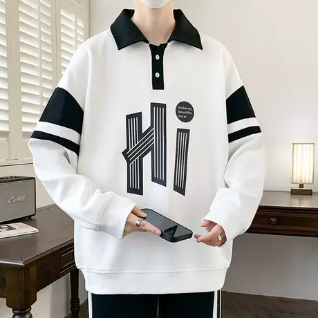 美式长袖Polo衫男春秋季新款潮牌宽松翻领卫衣男青少年印花上衣服商品大图