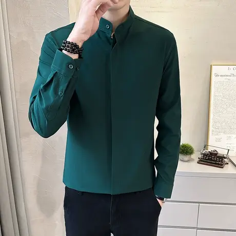 丝滑垂坠冰丝凉感衬衫男长袖春夏新中式国风立领寸衣免烫隐形门襟图片