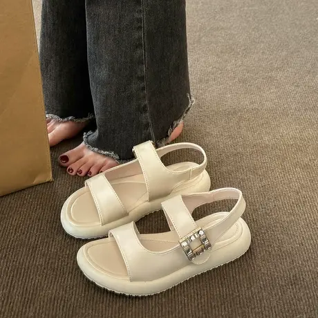 坡跟凉鞋子女款夏季2024年新款时尚厚底松糕底女士一字带时装凉鞋商品大图