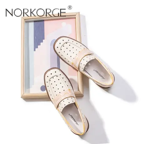 2023新款夏复古仙女风配裙子米白色乐福鞋洞洞鞋女鞋真皮粗跟凉鞋商品大图