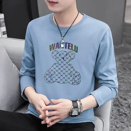 纯棉长袖t恤男宽松潮流小熊印花内搭打底衫全棉上衣服圆领体恤衫商品大图