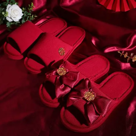 爱丽拉结婚鞋子拖鞋2023新款春季喜庆红色新婚情侣新郞新娘棉拖鞋商品大图