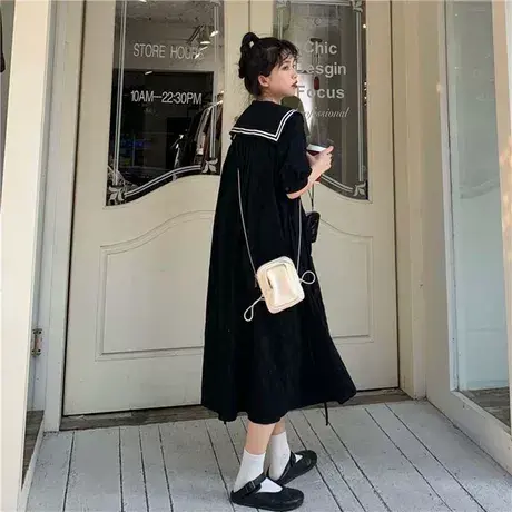 大码200斤海军领连衣裙女夏装新款胖mm森系学院风减龄黑色长裙子图片