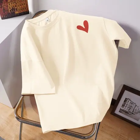 米色短袖t恤女夏季新款纯棉宽松半袖女装爱心学生小众时尚上衣女商品大图