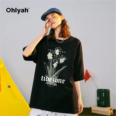 Ohlyah潮牌植物花卉原创系列边线花朵印花短袖t恤男女同款打底衫商品大图