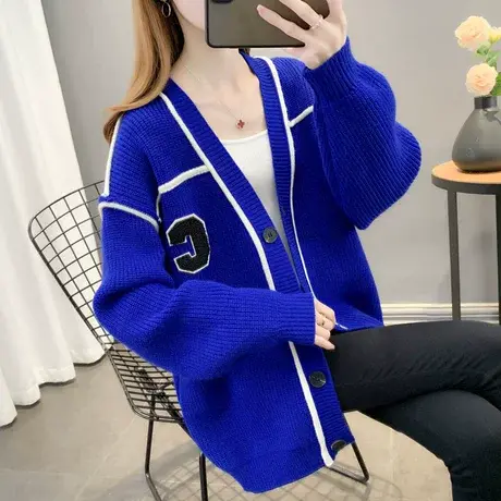 克莱因蓝毛衣女春季2023高级感上衣慵懒风设计感小众针织开衫外套商品大图