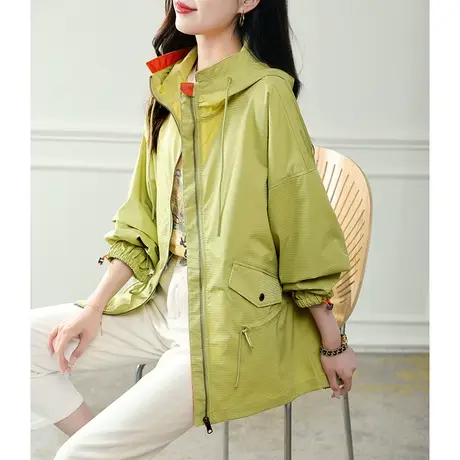 宝诗黎连帽格子宽松外套韩版女装2023休闲运动风抽绳上衣秋季时装商品大图