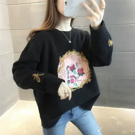 复古刺绣圆领套头针织上衣2023年秋冬新款韩版宽松民族风毛衣百搭图片