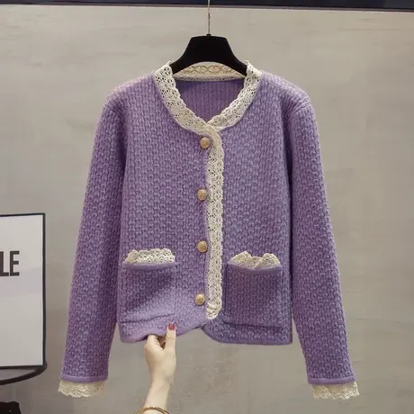 蕾丝圆领针织开衫女2023秋装新款宽松外穿上衣小香风厚毛衣外套潮商品大图