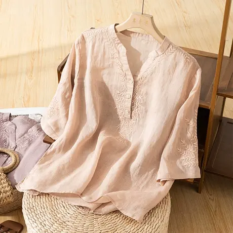 享永子七分袖苎麻衬衫女夏刺绣宽松棉麻上衣文艺复古休闲2023新款图片