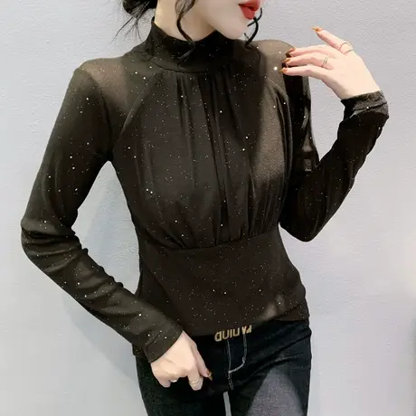 加绒网纱打底衫女春秋2023新款气质漂亮半高领上衣褶皱T恤长袖ins商品大图