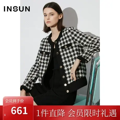 [触感香风]恩裳COVER2023早春新款复古时髦千鸟格纹茧形廓形外套商品大图