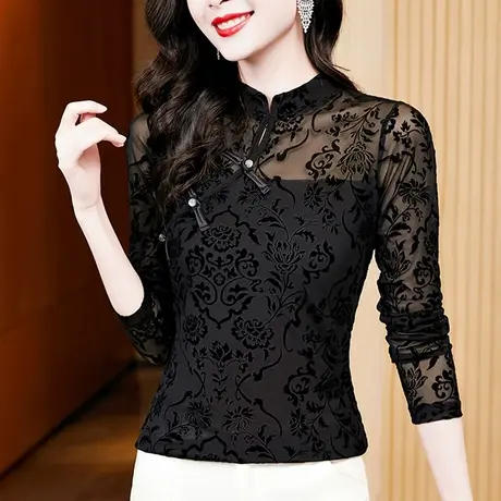复古盘扣打底衫女长袖秋季2023新款性感黑色网纱上衣气质修身T恤图片