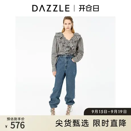 dazzle地素奥莱春季复古法式V领花边格子长袖上衣衬衫衬衣女商品大图
