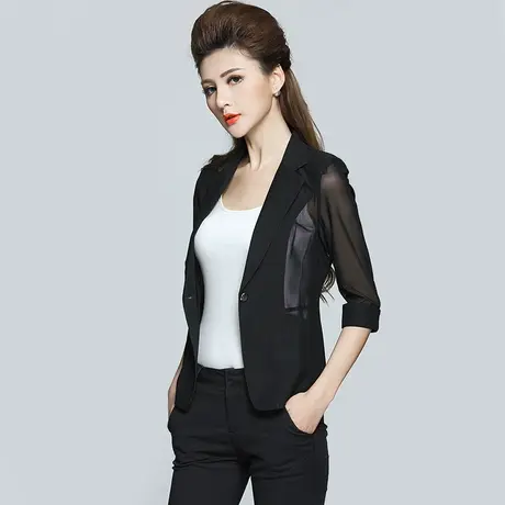 黑色小西装外套女夏薄款网纱2023新款OL职业西服上衣短款西装外套图片
