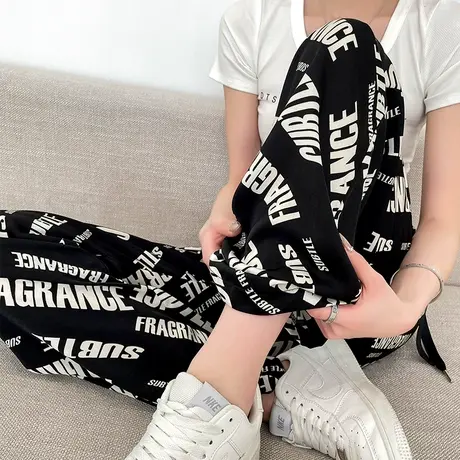 黑色冰丝阔腿裤女夏季薄款高腰窄版直筒显瘦印花小众休闲拖地裤子图片