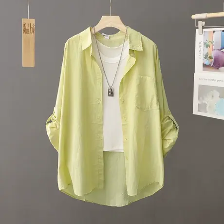 微透长袖防晒衬衫外套女夏季2023新款绿色宽松中长款薄款开衫上衣图片