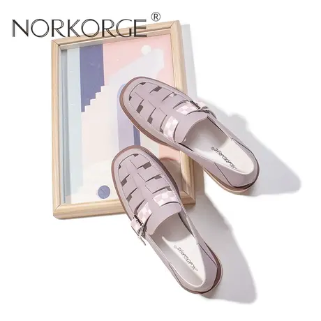 原创新款手工复古配裙子紫色镂空罗马单鞋女鞋真皮粗跟乐福鞋凉鞋商品大图