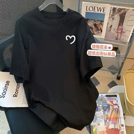 2022新款纯棉圆领短袖T恤女韩版宽松大码白色上衣中长款时尚夏季商品大图