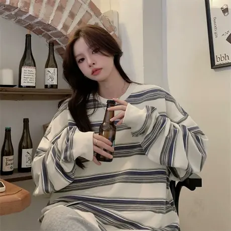 oversize条纹卫衣女秋冬小个子高级感上衣宽松慵懒风加绒加厚外套图片