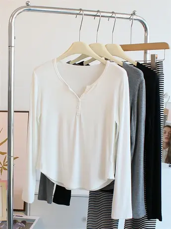 软糯舒适！半开领长袖t恤女春秋修身打底衫螺纹棉瑜伽舞蹈服上衣商品大图