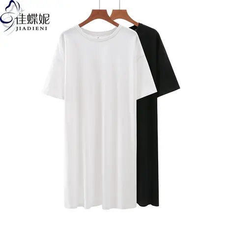 夏季新款韩版圆领纯棉宽松大码休闲纯色长款体恤上衣内搭女短袖图片