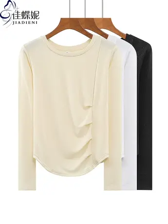 春秋季下摆圆弧纯欲圆领纯棉长袖体恤上衣内搭女红色过年红打底衫商品大图