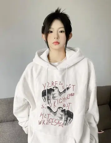 潮牌美式复古卫衣女春秋连帽薄款宽松港风chic灰色高级感外套上衣商品大图