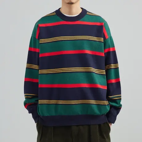 奕飏日系复古撞色条纹毛衣男秋冬加厚圆领针织衫韩版潮流宽松外套商品大图