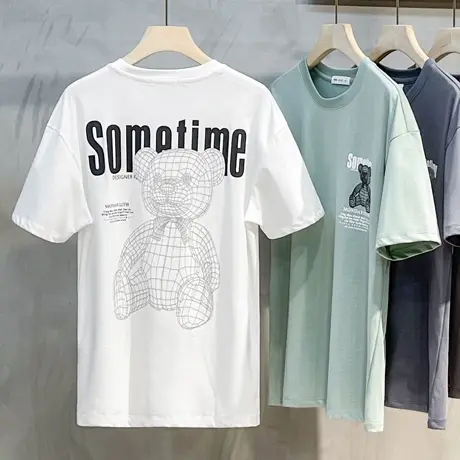 短袖t恤男宽松2023新款夏季潮牌小熊印花圆领半袖体恤港风ins潮流商品大图