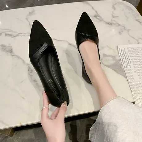 平底黑色工作鞋女皮鞋春百搭小香风尖头舒适职业浅口低跟上班单鞋商品大图