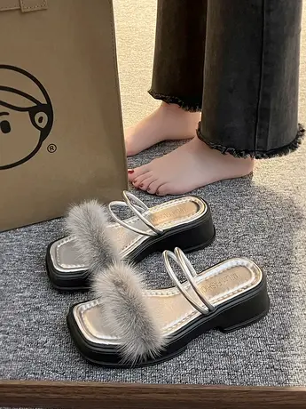 仙女风毛毛凉鞋女配裙子2023年夏季新款学生厚底一鞋两穿沙滩拖鞋商品大图