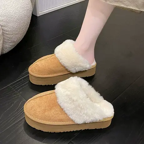 毛毛拖鞋女外穿2023新款皮毛一体厚底雪地靴包头防滑平底棉拖ins商品大图