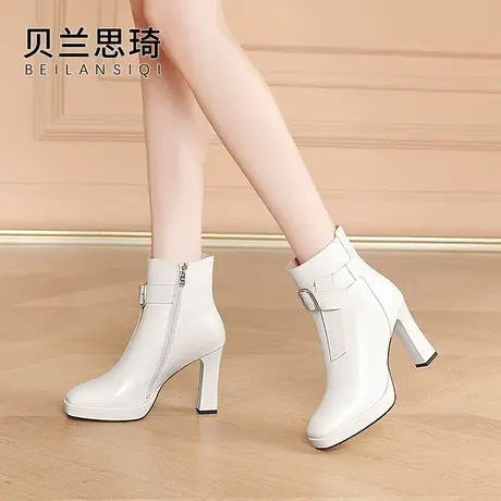 真皮方头厚底粗跟短靴女秋冬季新款女鞋白色防水台高跟马丁靴图片